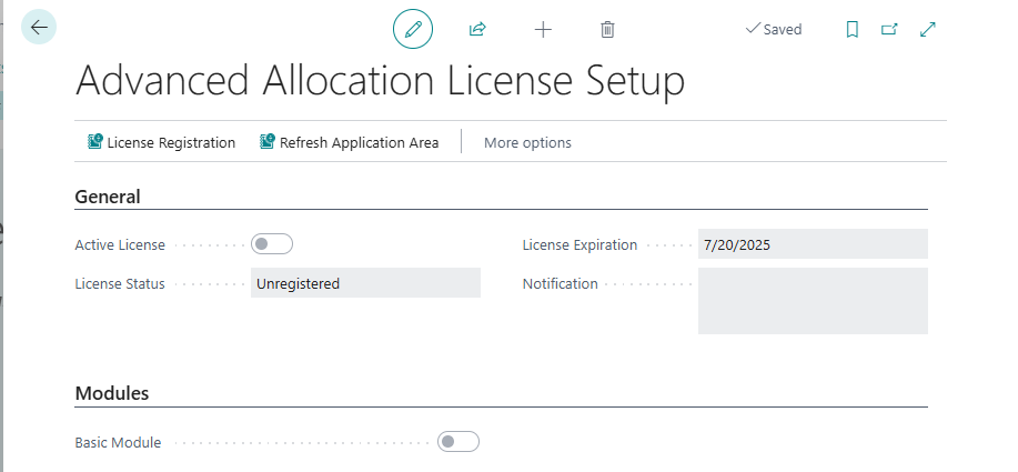 Advanced Allocations License Setup page